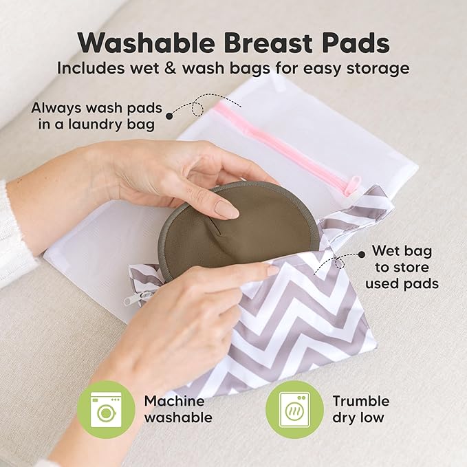 Organic Nursing Pads - 14 Washable Breast Pads for Breastfeeding, Wash Bag, Viscose Derived from Bamboo Reusable Nipple Covers for Breastfeeding Essentials, Soft & Absorbent (Coffee, L 5")
