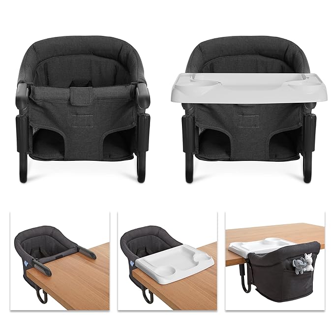 Evolur Clamp-On Comfort Table Chair, Portable Clip-On High Chair for Babies & Toddlers (6–36 Months), Removable Washable Seat Cover, Dishwasher-Safe Tray, Foldable Design with Carry Bag – Black
