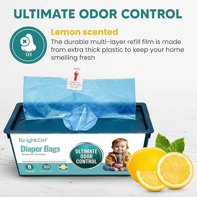 BrightOn® Diaper Pail Refill Bags, 30 Bags Per Refill, Compatible with Genie Easy Roll Signature Diaper Pails, Holds Up to 4230 Newborn Diapers, Real 7 Layer Odor Barrier, Lemon Scent, 3PACK (90 Bags)