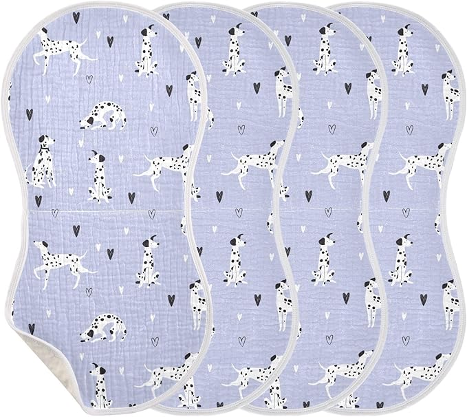 Muslin Burp Cloths for Baby Boys and Girls - 4-Pack Ultra Absorbent Cartoon Dalmatian Dogs Muslin Washcloths, Newborn Towel, Milk Spit Up Rags, Burp Cloth Bib for Unisex, 22 x 11 Inch