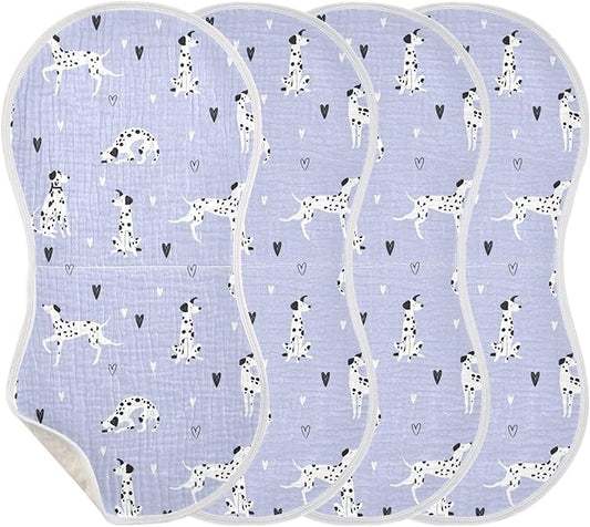 Muslin Burp Cloths for Baby Boys and Girls - 4-Pack Ultra Absorbent Cartoon Dalmatian Dogs Muslin Washcloths, Newborn Towel, Milk Spit Up Rags, Burp Cloth Bib for Unisex, 22 x 11 Inch