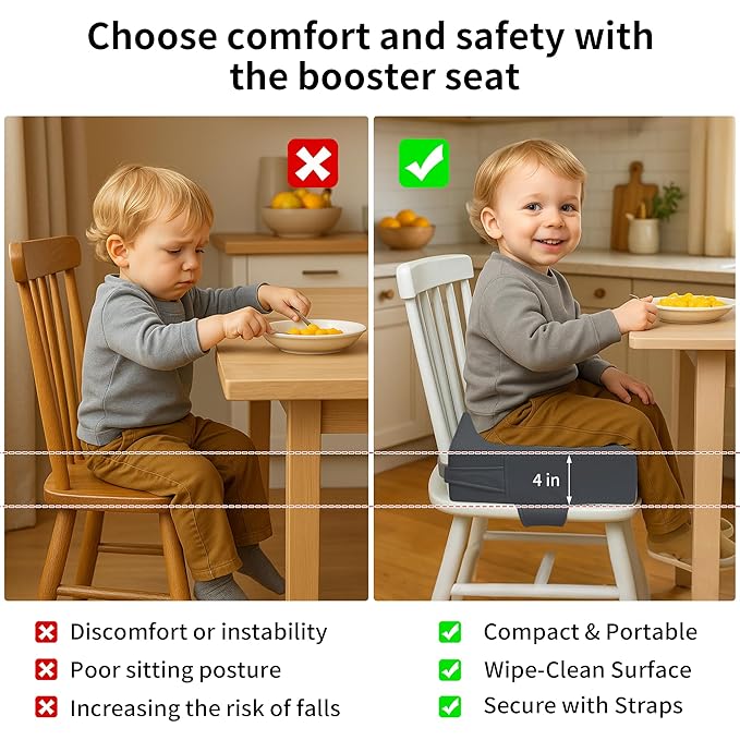 Toddler Booster Seat for Dining Table – PU Washable Cushion with Double Safe Straps, Non-Slip Bottom, Portable Travel Booster Seat for Toddlers (Rock Grey