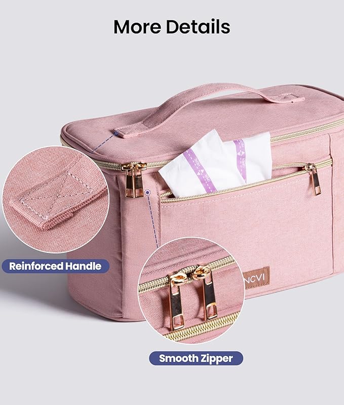 NCVI Breast Pump Storage Bag for Pumps and Extra Parts, Large Capacity Portable Pump Carrying Case with Handle, Waterproof Lining and Multiple Compartments, Perfect for Working & Nursing Moms, Pink
