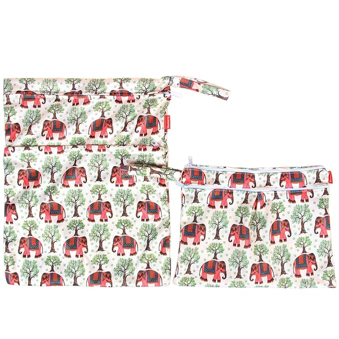 Damero 2pcs Travel Wet and Dry Bag, Reusable Wet Bags Organizer with Two Zippered Pocket for Cloth Diaper, Pumping Parts, Swimsuit and Gym, Elephants