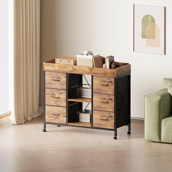 Yetom Changing Table, 6-Drawer Baby Dresser with Changing Table top,Waterproof Diaper Changing Station & Pad, 2 Height-Adjustable Open Storage Shelves, Mobile Nursery Organizer, Rustic Brown