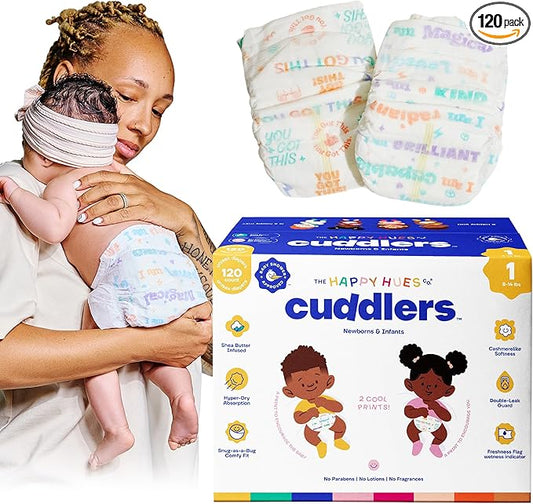Happy Hues Cuddlers Disposable Diapers Size 1,8–14 lbs–Baby Diapers with Shea Butter, Wetness Indicator &Leak Protection–Ultra-Soft Unisex Newborn &Infant Diapers with Full Coverage,120 Count