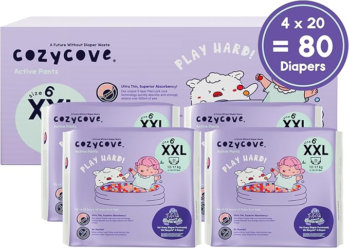 Cozycove Size 6 XXL (26-37 lbs) Pull Up Training Pants | Totally Chlorine Free, Fragrance Free, Wetness Indicator | Play Hard Slim Active Pants | 80 Count (4 Bags of 20)