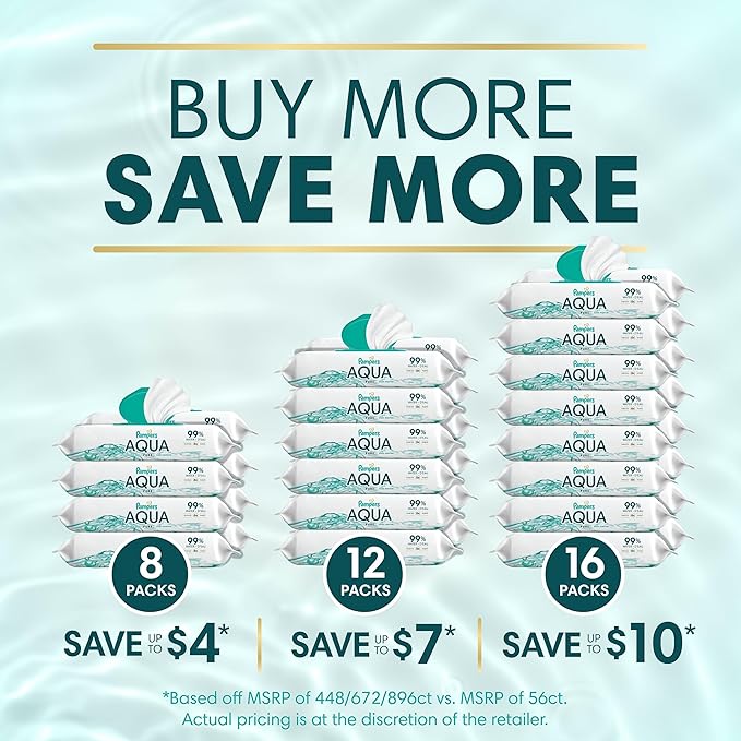 Pampers Aqua Pure Baby Wipes, 99% Water, Fragrance Free, 448 Baby Wipes Total (8X Flip-Top Packs) [Packaging May Vary]