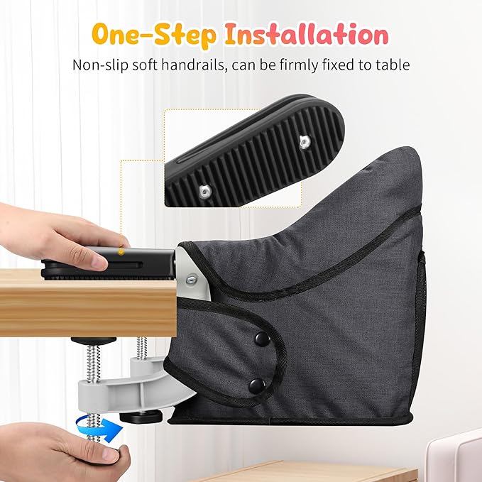 Hook On High Chair for Babies 6-36 Months | Secure & Portable Foldable Travel High Chair | Clip On Baby Feeding Seat with Non-Slip Aluminum Clamp, Detachable Washable Cover & Carry Bag (Black)