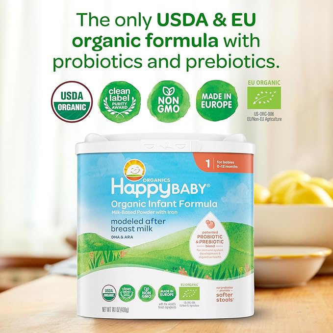 Happy Baby Organics Stage 1 Infant Formula, 0-12 Months, Milk Based Organic Baby Formula Powder with Iron, Probiotics & Prebiotics for Immune & Digestive Support, 14.1 Ounce (Pack of 1)