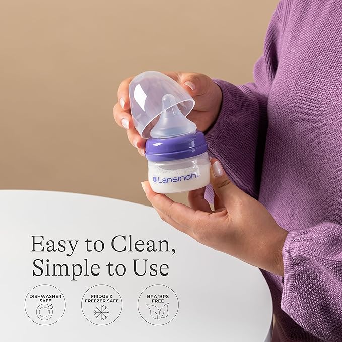 Lansinoh Anti-Colic Baby Bottles, BPA-Free Plastic, 2 Ounces, 2 Count, Extra Slow Flow Nipples (Size XS), Breastfeeding Bottle with NaturalWave Design