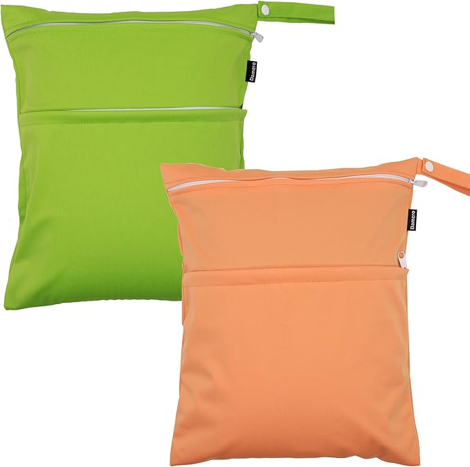 Damero 2pcs Pack Cute Travel Baby Wet and Dry Cloth Diaper Organizer Bag(Medium, Green+Orange)
