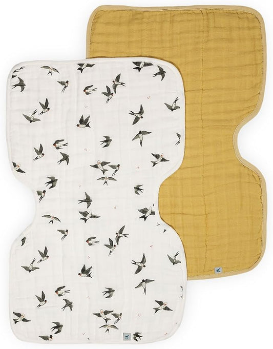 Little Unicorn 100% Natural Organic Cotton Burp Cloth 2 Pack | Ultra-Absorbent & Soft Muslin Fabric | Larger Size & Ergonomic Design (Swallows + Wheat)