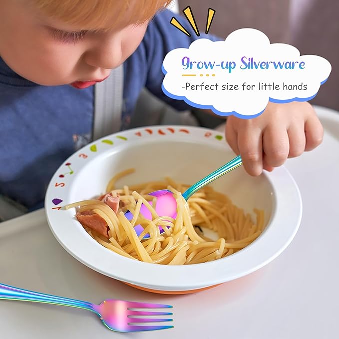 E-far 6-Piece Kids Silverware, Stainless Steel Toddler Utensils Safe for Preschooler/Children, Includes 2 Forks 2 Spoons 2 Knife, Slimline Adult Look & Small Size, Rust Free & Mirror Polished-Rainbow