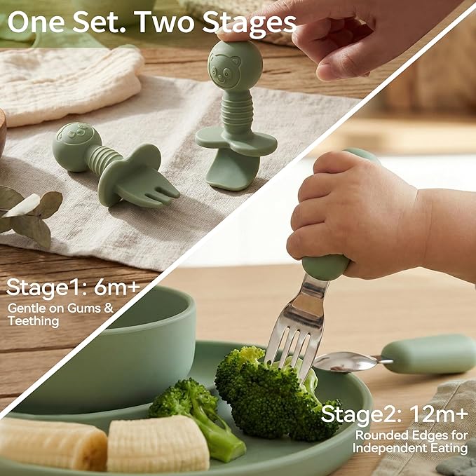 Bufims Silicone Baby Feeding Set, Baby Led Weaning Supplies, Eating Essentials Utensils with Suction Plate and Bowl, Pocket Bib, Sippy Cup with Lid, Forks Spoons Snack Container, for 6+ Months, Green