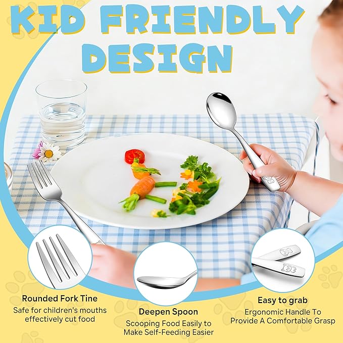 LIANYU 12 Pieces Kids Silverware Set, Stainless Steel Toddler Utensils, Food Grade Toddler 6 Forks and 6 Spoons for Self-Feeding, Metal Kids Cutlery Set with Cute Pattern, Dishwasher Safe