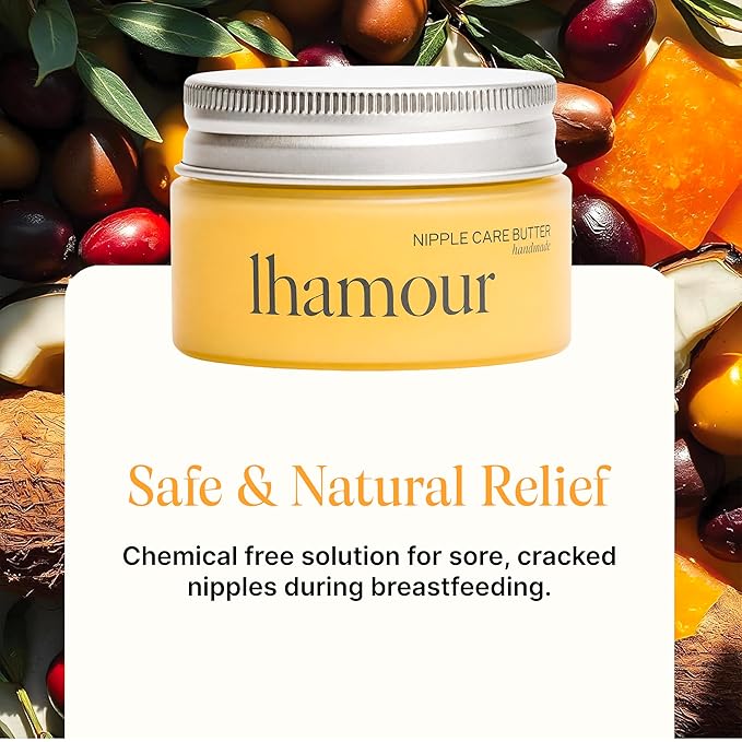Lhamour Organic Nipple Cream Breastfeeding - Nipple Butter Balm with Coconut & Olive Oil, Beef Tallow, Beeswax, Soothing Nipple Butter Cream for Sore Cracked Nipples, Baby Safe Unscented Formula,1 oz