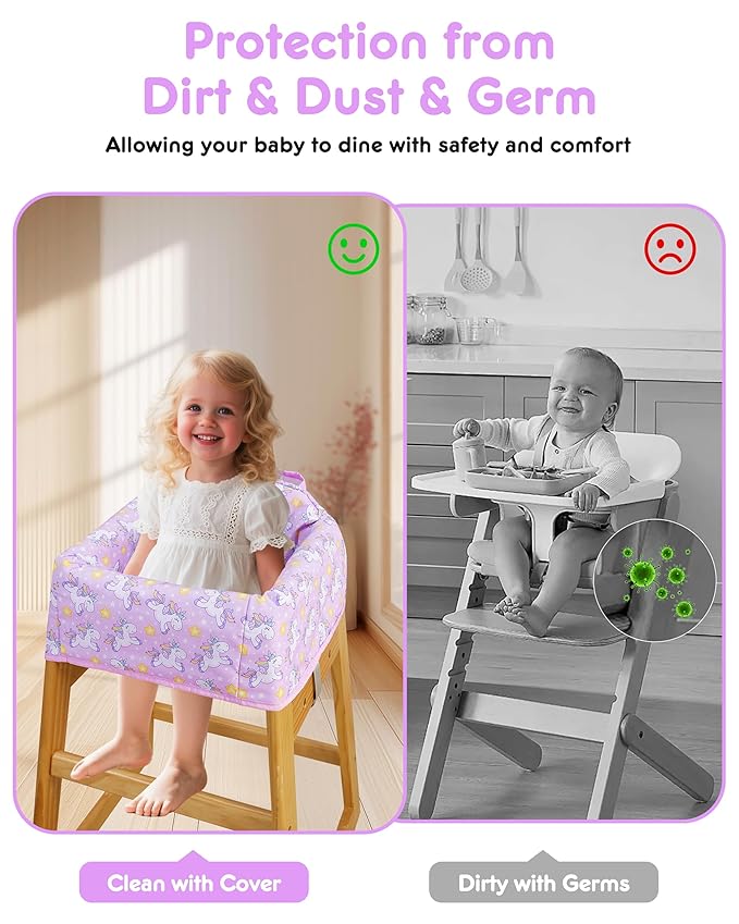 High Chair Cover Portable with 3-Point Harness, Waterproof Baby Seat Cover for Restaurant Travel Home Use, Machine Washable, Fits Wooden Chairs (Purple Unicorn)