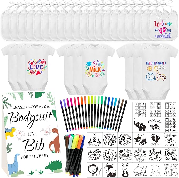 Bibs Bodysuits Baby Shower Game Sign Set Newborn Onesies Feeder Gift Fabric Marker Stencils Kit