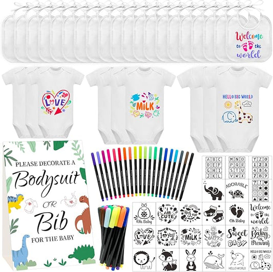 Bibs Bodysuits Baby Shower Game Sign Set Newborn Onesies Feeder Gift Fabric Marker Stencils Kit