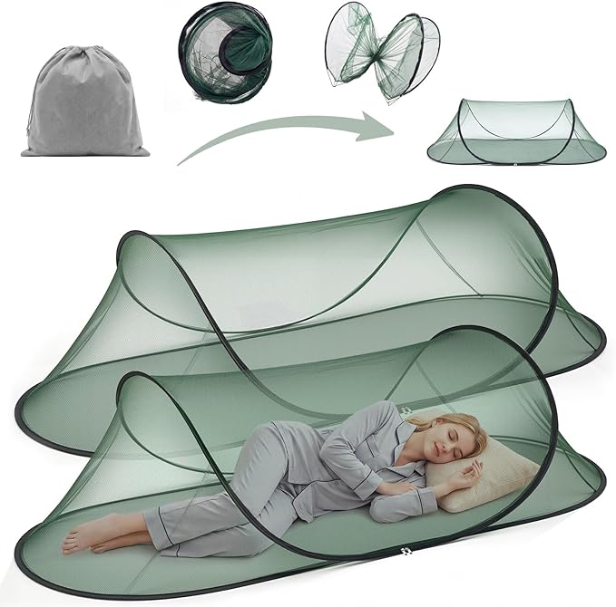 2 Pcs Large Pop up Mosquito Tent Portable Foldable Mosquito Bug Net for Bed Camping Travel Patio Outdoor 78 * 31 * 22 Inch Bug Netting Mesh Tent Canopy for Adults Bedroom, Green