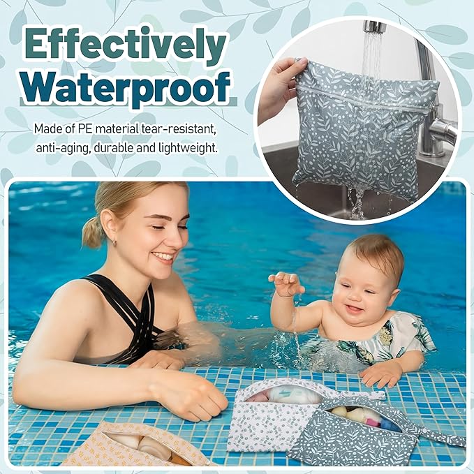 Reginary 8 Pack Wet Dry Bags Large & Small Waterproof Reusable Travel Zipper Pouches for Baby Diapers Family Wet Clothes Beach Swimsuits Toiletries(2 Sizes,Leaf,Multicolor)
