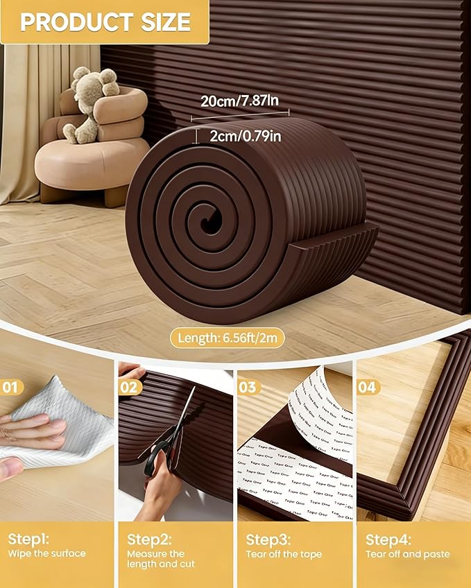7.9''W Extra-Wide Edge Protector, 6.56FT 0.79''Th Baby Proofing Corner Guards, Safety Furniture Bumper, Pre-Taped, Thick Soft Rubber Foam Padding for Fireplace Table Stair Cabinet (Dark Coffee)