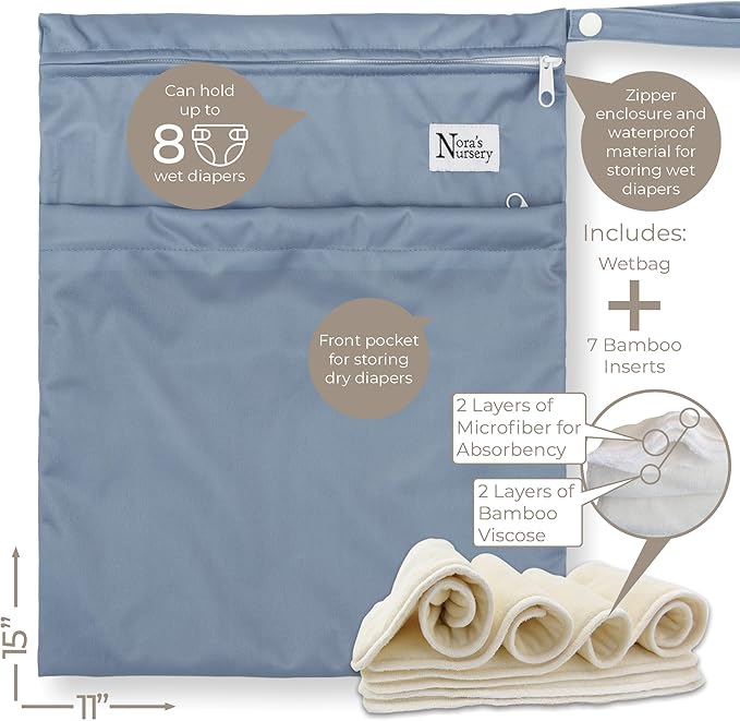 Nora's Nursery Cloth Diapers 7 Pack with 7 Inserts & 1 Wet Bag - Waterproof Cover, Washable, Reusable & One Size Adjustable Pocket Diapers for Newborns and Toddlers - Winter Waddle