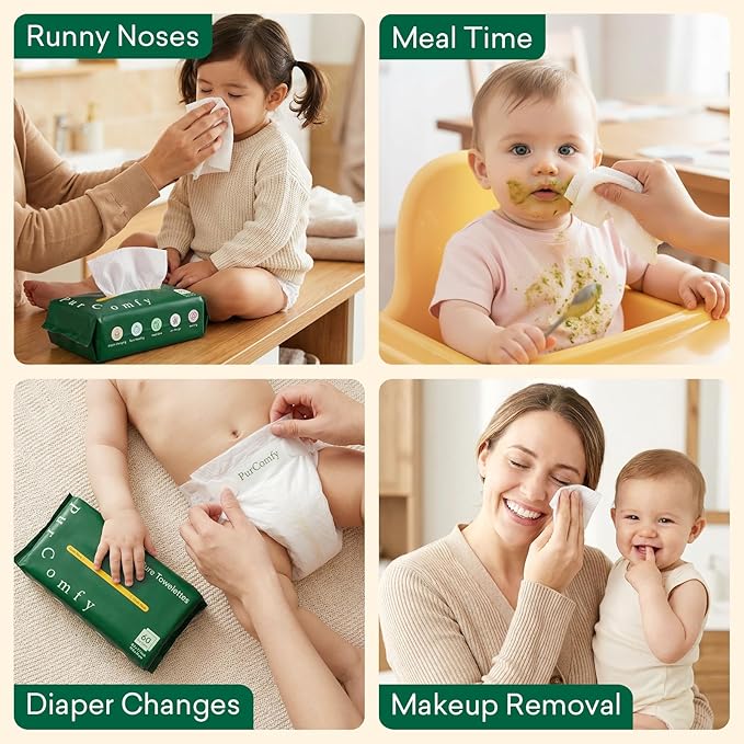 PurComfy Baby Dry Wipes for Newborn, 8 Pack Plant-Based & Hypoallergenic Disposable Cloths for Baby Diaper Changes, Meal Time & Runny Noses, Use Wet or Dry, Total 480 Count
