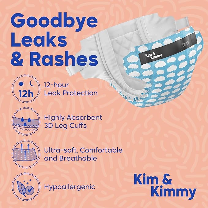 Kim & Kimmy Eco Diapers, Size 2, 9-18 lbs, 72 Diapers - 12 Hour Leak Protection, No Rashes, Hypoallergenic, Ultra-Soft & Highly Absorbent - Cruelty Free & Vegan - Little Clouds