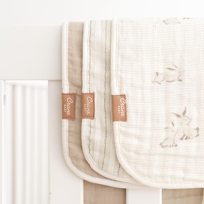 Crane Baby 100% Organic Cotton 3-pc. Burp Cloth Set - GOTS Certified Cotton, Absorbent & Lightweight with Bunny & Stripe Designs, Machine Washable, Muslin Burp Cloth