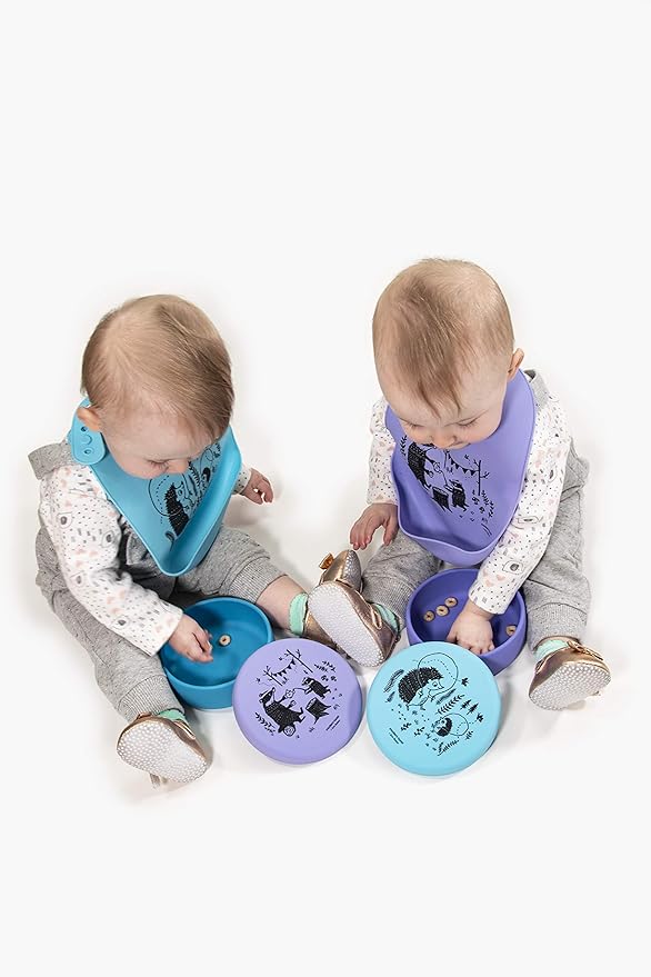 Modern Twist Bucket-Bib 100% Food-Grade Silicone, Waterproof and Reusable, Badger Family – Lavender
