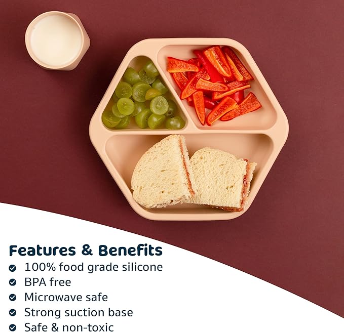 Tiny Twinkle Silicone Suction Baby Plate, Suction Grip Divided Dish for First Foods and Self-Feeding Toddlers, Baby Led Weaning Supplies for Independent Eating (Sand Plate with Lid)