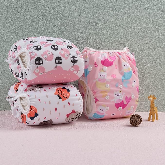 Babygoal Baby Girl Swim Diapers 3 Pack for 8M-3T Babies and Toddlers, Reusable Adjustable Washable for Swimming Lessons-Cat,Owl