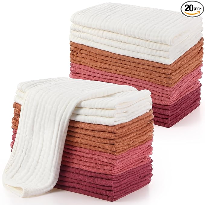 Buryeah Muslin 20 Pcs Burp Cloths Large 20" x 10" 100% Cotton 6 Layers Ultra Absorbent and Soft Hand Washcloths for Baby Drool and Messes Gentle Burp Cloth for Boys & Girls(Multi Colors)
