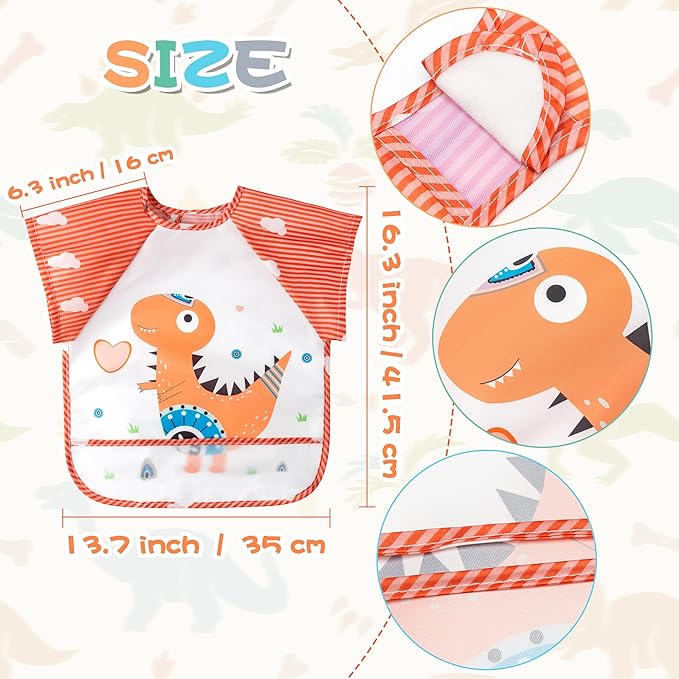 R HORSE 5Pcs Short Sleeved Bib for Baby Toddlers Waterproof Sleeved Infants Feeding Bib with Crumb Capacity Pocket Baby Shower Birthday Gifts for Boy Girl 0-36 Months