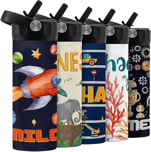 Personalized Kids Water Bottle with Straw Lid - 14 oz - 11 Wraparound Designs, Custom Water Bottle for Children, Back to School Gifts - BPA FREE, Double-Wall Insulated, Birthday Gifts - Space