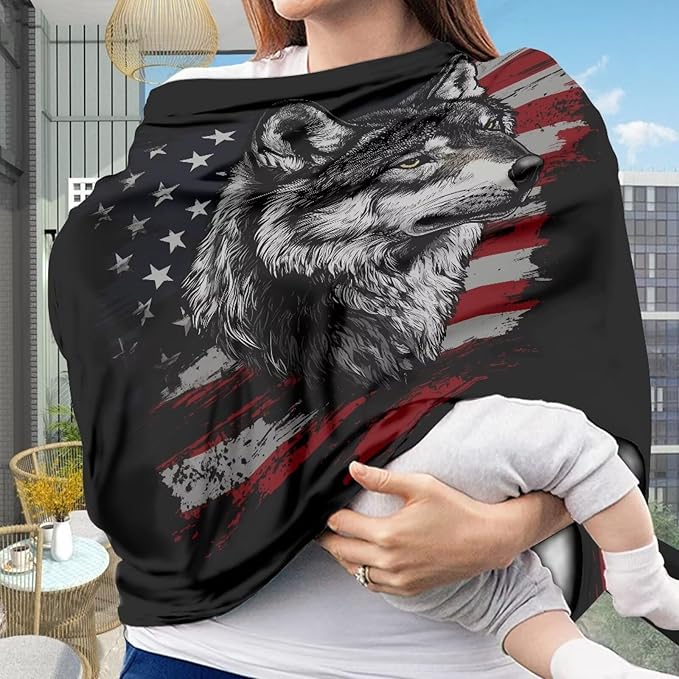 Belidome Wolf American Flag Nursing Cover Up for Breastfeeding 4th of July Baby Boy Carseat Canopy Patriotic Nursing Shawl