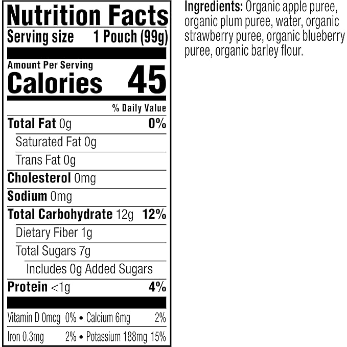 Plum Organics - 6+ Months Organic Baby Food - Apple, Plum, Berry, & Barley - Non-GMO - Fruit Blends On-The-Go Pouches for Baby & Toddler Meals - Quality Tested Ingredients - 3.5 oz (Pack Of 12)