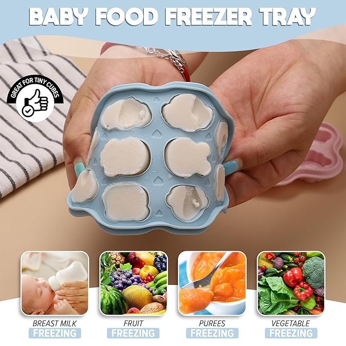 O’doe Silicone Baby Popsicle Molds & 2 Baby Food Feeders with 1 Clip, 2-Pack Freezer Tray with Lid, 10-Hole Popsicle Molds for Teething Relief, Includes 3 Extra Pacifiers, BPA Free (Blue + Green)