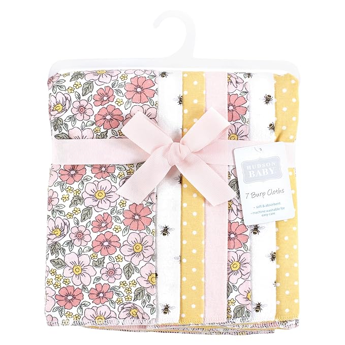 Hudson Baby Unisex Baby Flannel Burp Cloth 7pk, Pink Yellow Pretty Floral, One Size