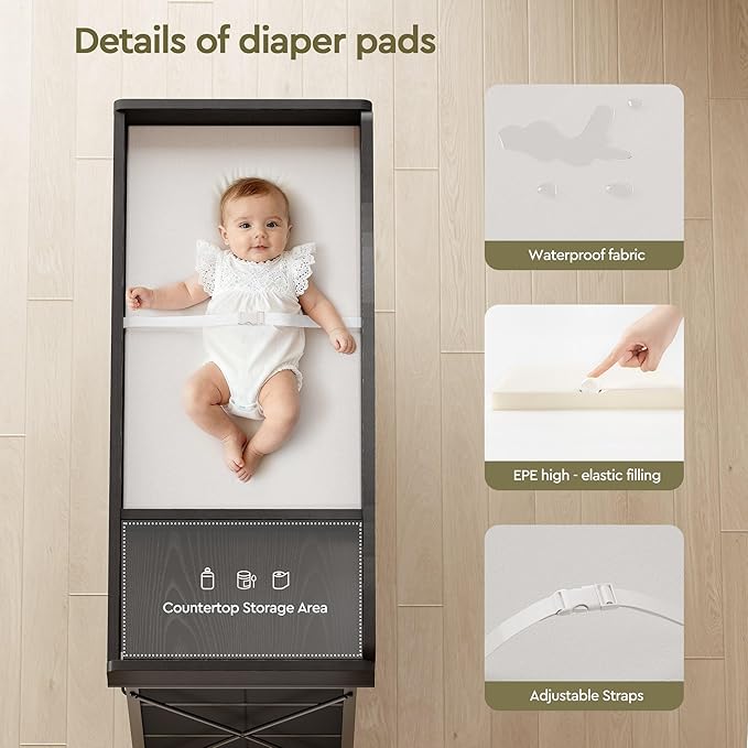 YeTom Baby Changing Table with 9 Fabric Boxes, Waterproof Diaper Changing Station & Pad, Mobile Nursery Diaper Changing Table, Baby Furniture, Black