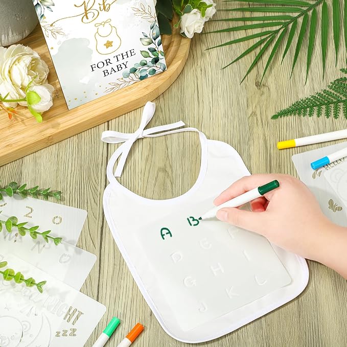 Panitay 100 Pcs DIY Baby Bibs Decorating Kit 50 White Bibs 25 Stencils 24 Markers 1 Baby Shower Game Sign