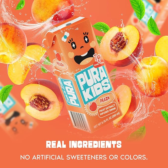 PURA Kids Box | Peach Fruit extract infused Drink for kids | 7g Pure Cane Sugar | Non-GMO | Vegan, No Artificial Sweeteners | Best Lunchbox Beverage with Paper Straw | 6.76 fl oz (200ml), Pack of 24