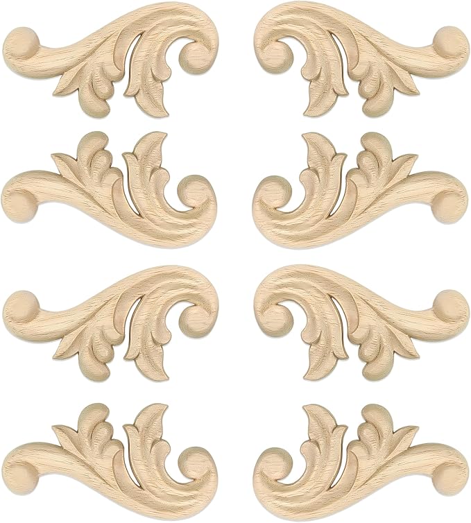 8Pcs Decorative Wood Flower Carved Appliques Corner Onlay 2.1×4.1inch DIY Unpainted Wooden Carved Corner Decal for Furniture Wardrobe Mirror Photo Frame Closet Decoration