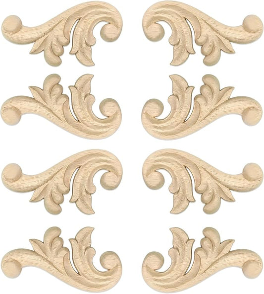 8Pcs Decorative Wood Flower Carved Appliques Corner Onlay 2.1×4.1inch DIY Unpainted Wooden Carved Corner Decal for Furniture Wardrobe Mirror Photo Frame Closet Decoration