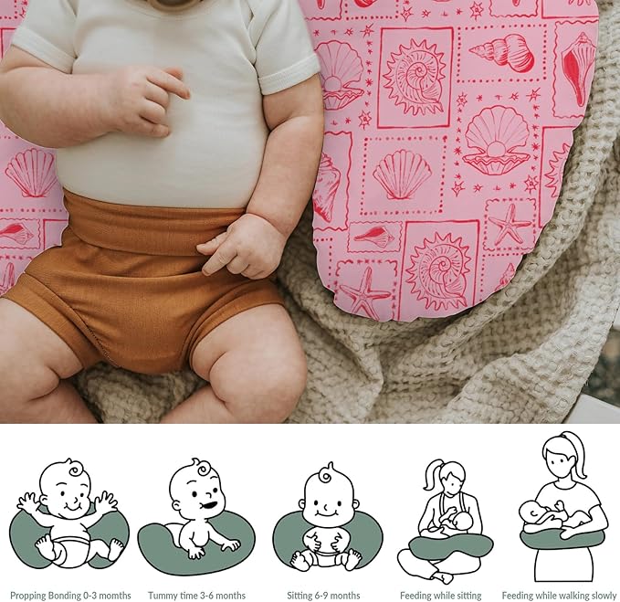 Pink Seashells Baby Nursing Pillow Covers for Boy Girl Boho Beach Conch Nursery Feeding Pillowcase for Breastfeeding Pillows Pastel Summer Coastal Soft Stretchy Removable Cover for Newborn Infant