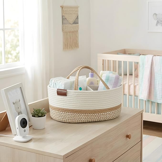 DECOMOMO Diaper Caddy, Empty Woven Basket for Gifts, Mother's Day Baby Baskets for Baby Shower Newborn (Spiral Beige & White, Large Gift Set)