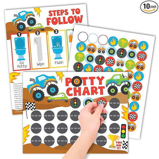 Hadley Designs Potty Training Chart for Toddlers Boys -10 Sticker Potty Chart for Toddlers Boys, 8.5x11" Potty Training Sticker Charts for Toilet Success, Monster Truck Toddler Reward Chart for Kids