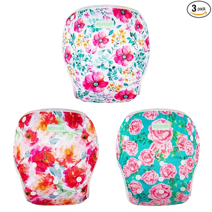 wegreeco Baby & Toddler Snap One Size Adjustable Reusable Baby Swim Diaper (Rose Flower, Large, 3 Pack)